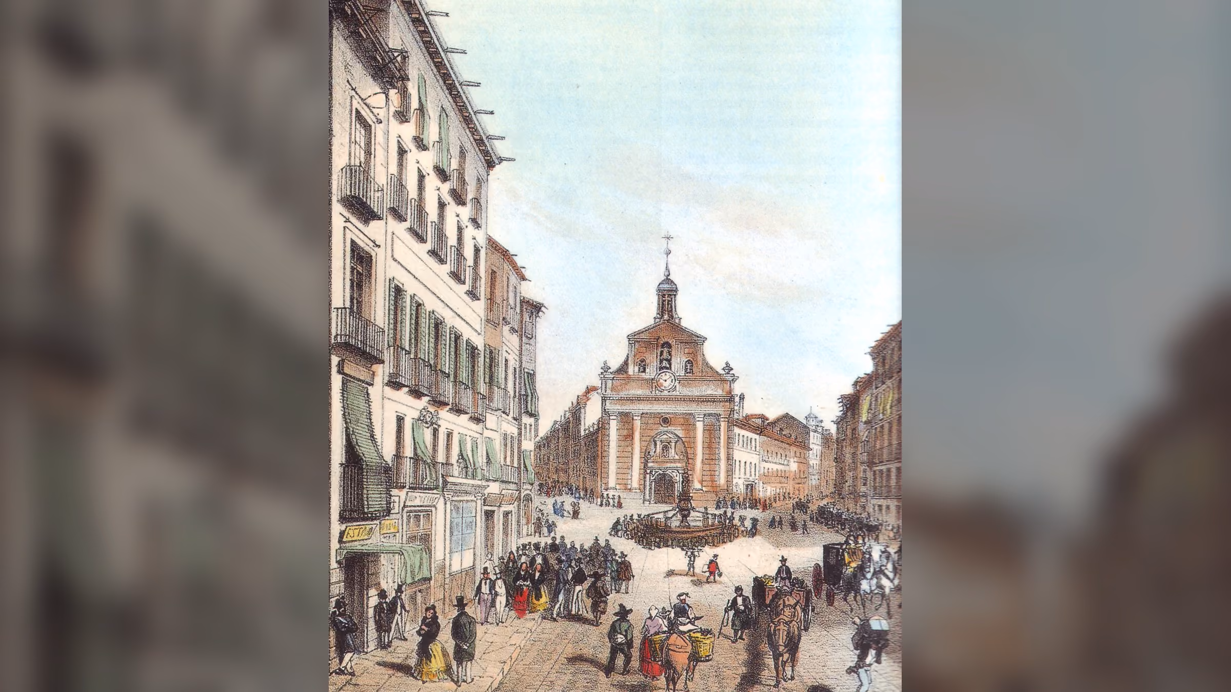 La antigua Puerta del Sol con la iglesia del Buen Suceso y la fuente de la Mariblanca en un grabado de 1790